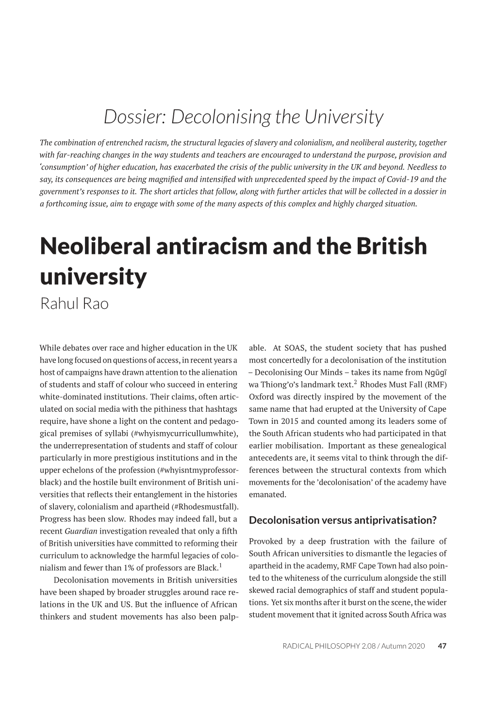 Neoliberal Antiracism and the British University Rahul Rao