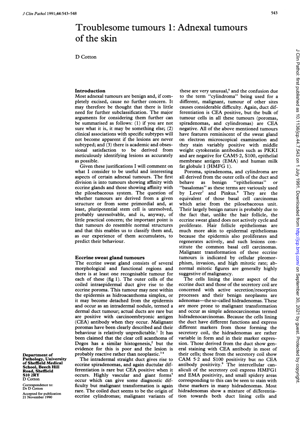 Adnexal Tumours of the Skin J Clin Pathol: First Published As 10.1136/Jcp.44.7.543 on 1 July 1991