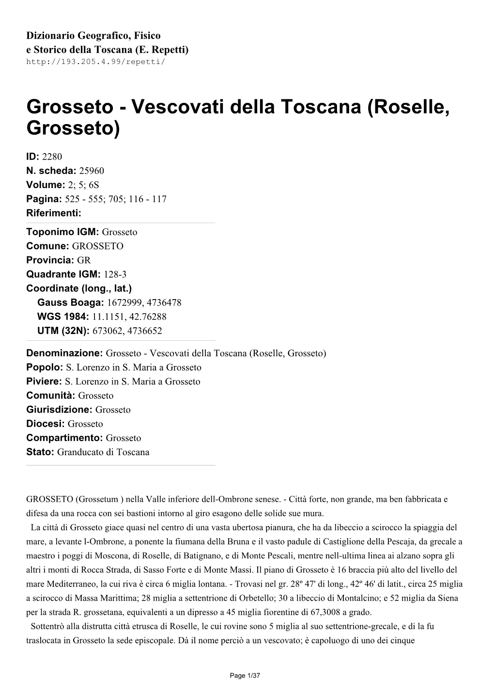 Vescovati Della Toscana (Roselle, Grosseto)
