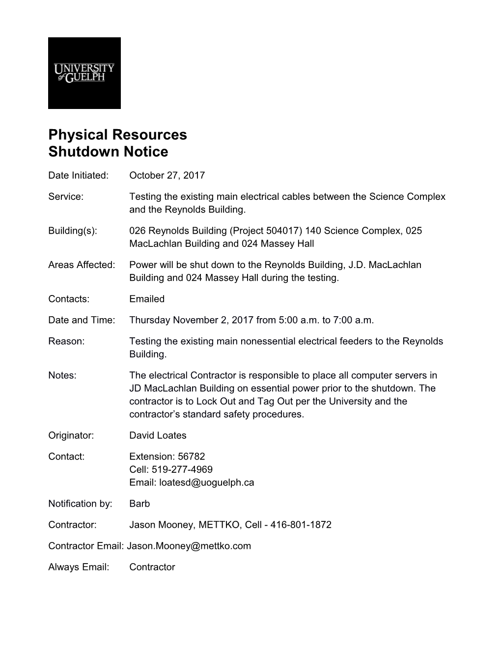 November 2 Building 025 and 026 Power Disruption Notification