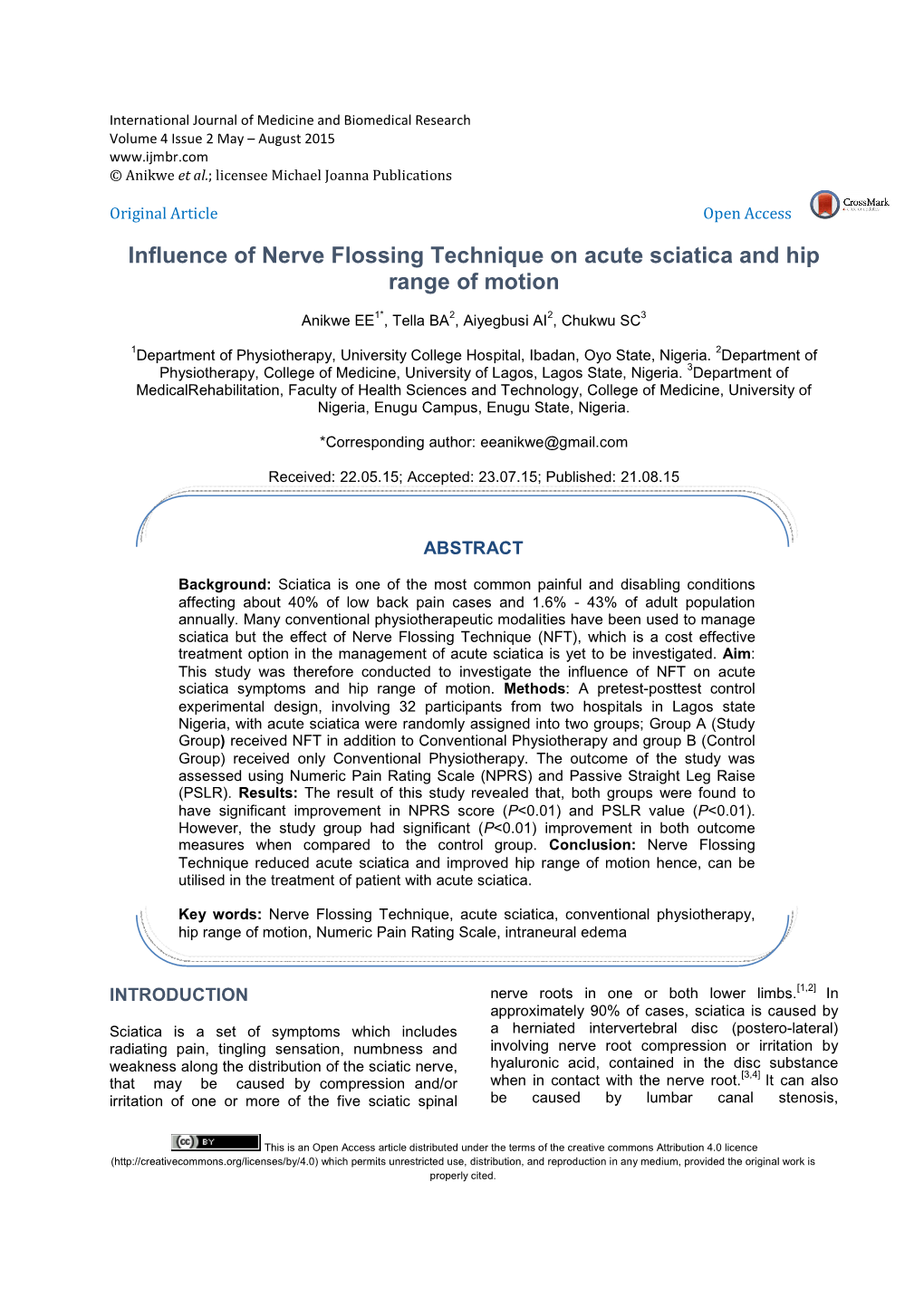 Influence of Nerve Flossing Technique on Acute Sciatica and Hip Range of Motion