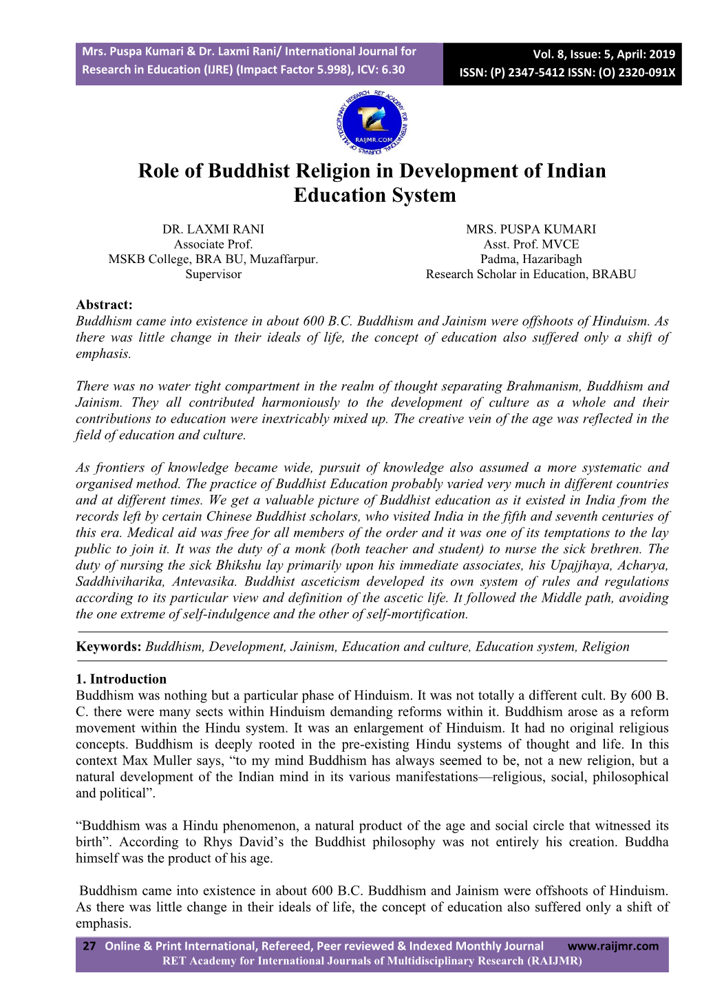 Role of Buddhist Religion in Development of Indian Education System