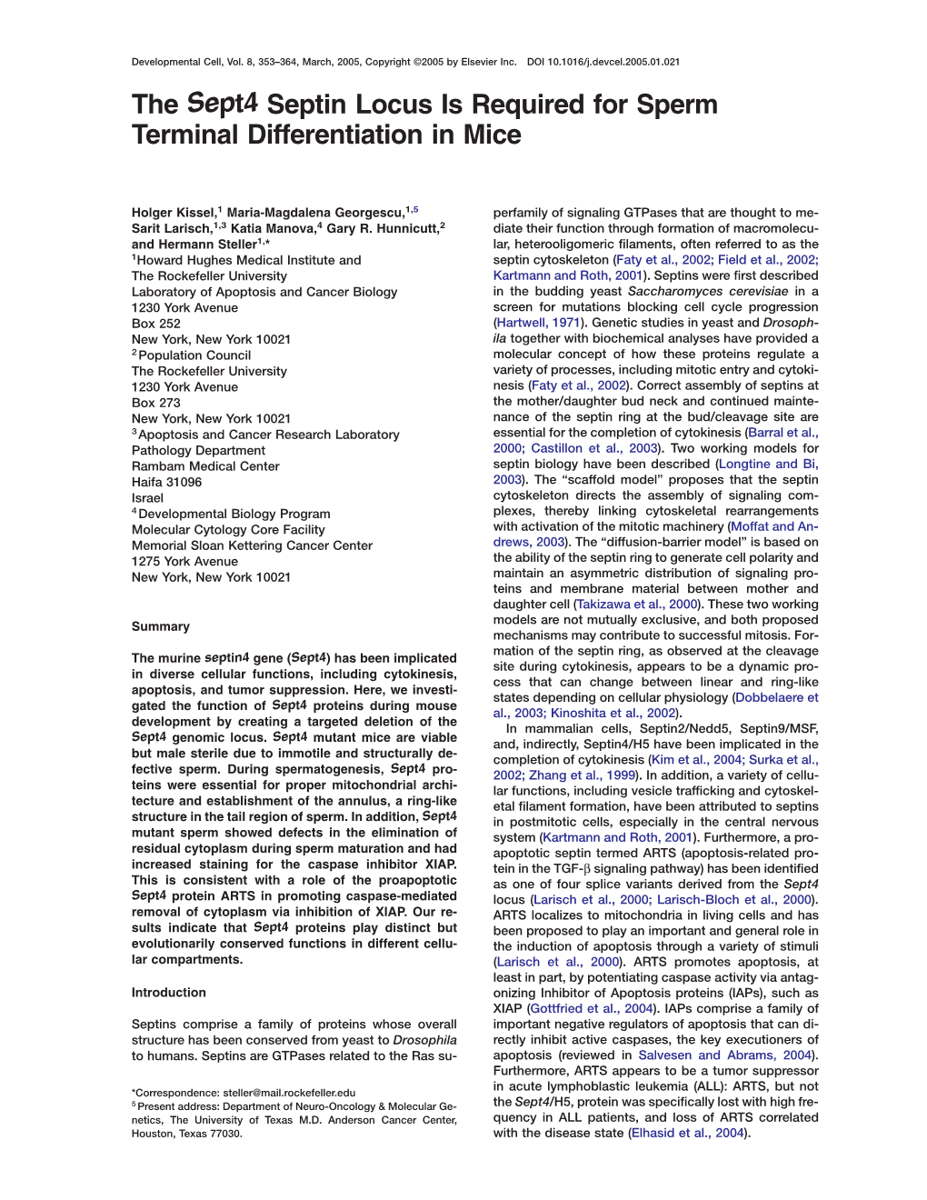 The Sept4 Septin Locus Is Required for Sperm Terminal Differentiation in Mice