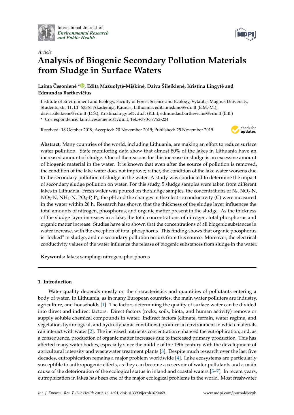 Analysis of Biogenic Secondary Pollution Materials from Sludge in Surface Waters