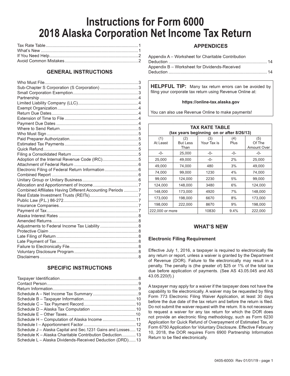 Instructions for Form 6000 2018 Alaska Corporation Net Income Tax Return Tax Rate Table