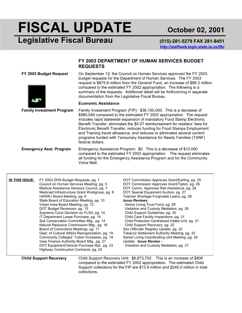 FY 2003 Department of Human Services Budget Requests