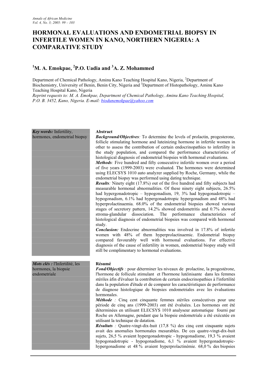 Hormonal Evaluations and Endometrial Biopsy in Infertile Women in Kano, Northern Nigeria: a Comparative Study