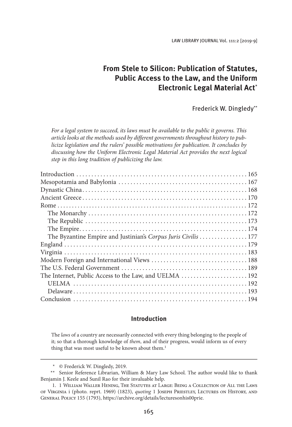 Publication of Statutes, Public Access to the Law, and the Uniform Electronic Legal Material Act*