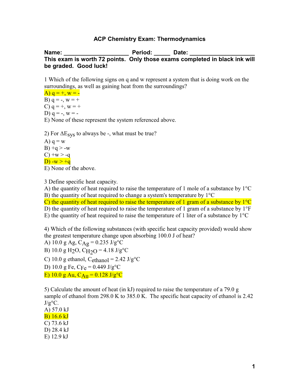 ACP Chemistry Exam: Thermodynamics