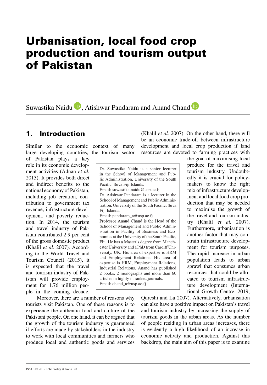 Urbanisation, Local Food Crop Production and Tourism Output of Pakistan
