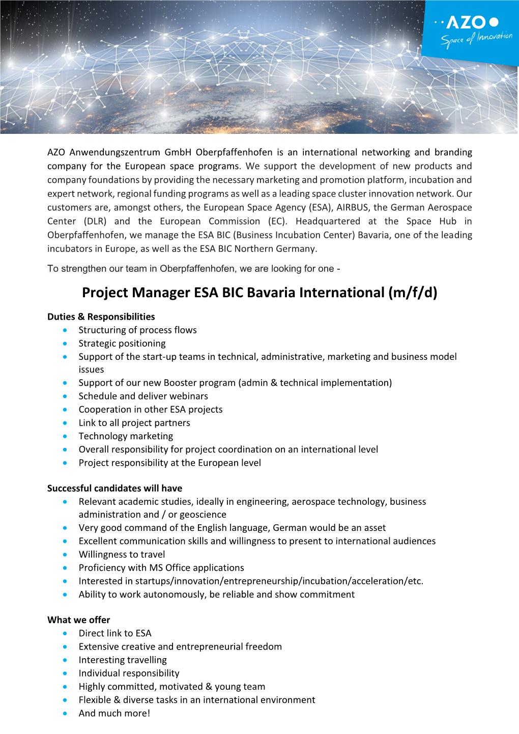 Project Manager ESA BIC Bavaria International (M/F/D)