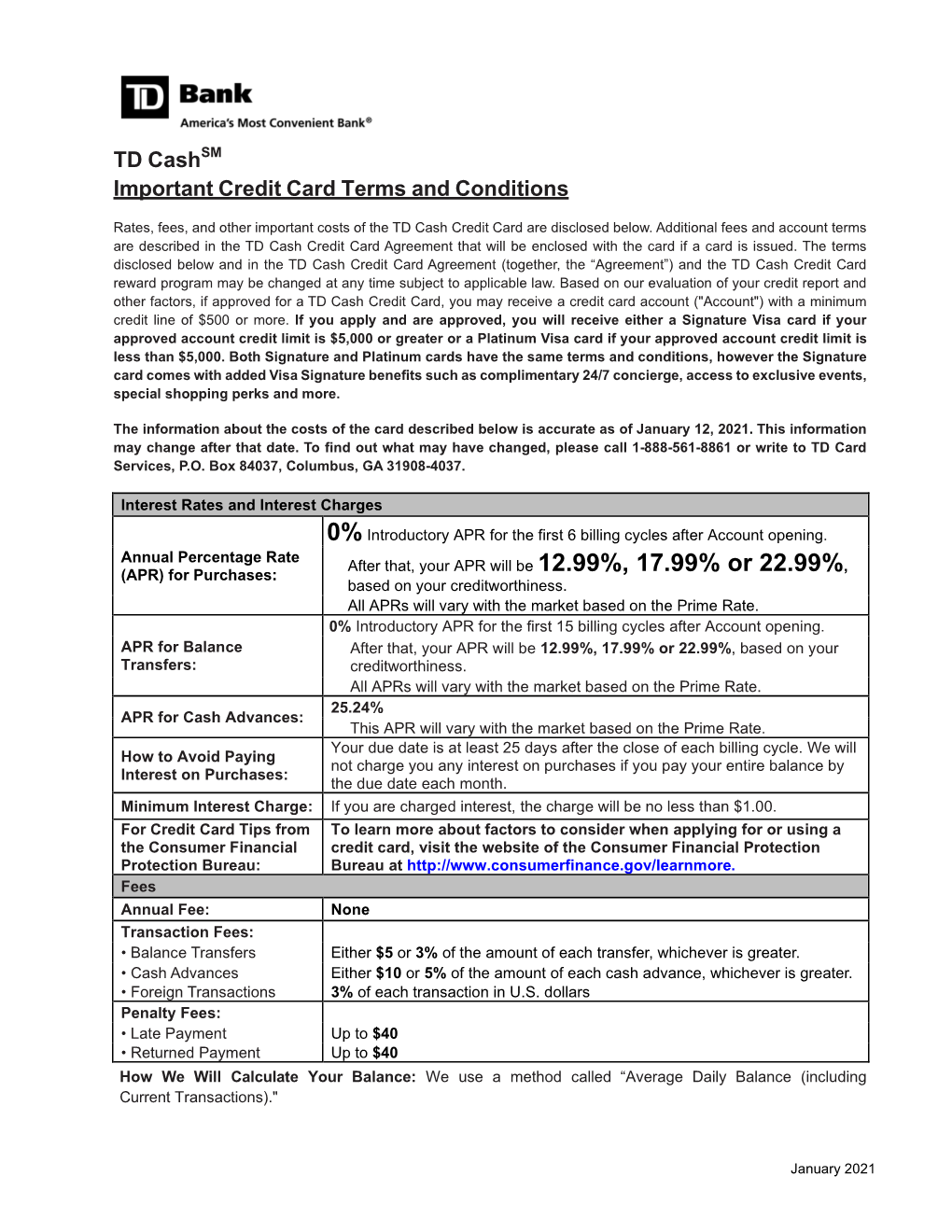 TD Cash SM Important Credit Card Terms and Conditions