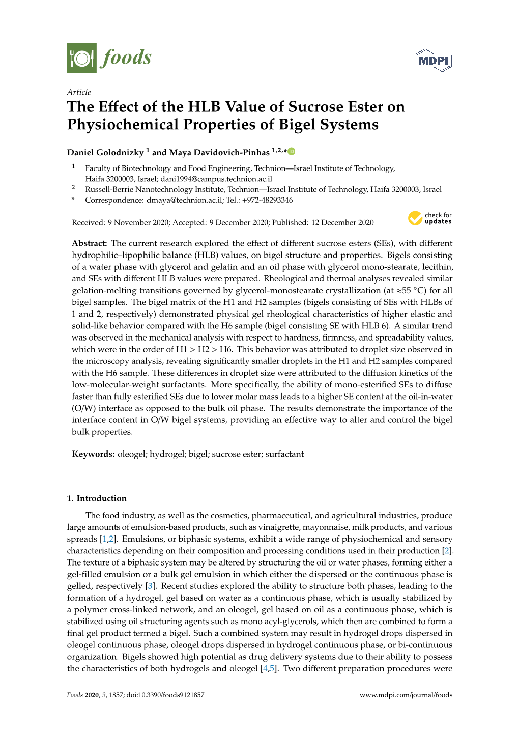 The Effect of the HLB Value of Sucrose Ester on Physiochemical