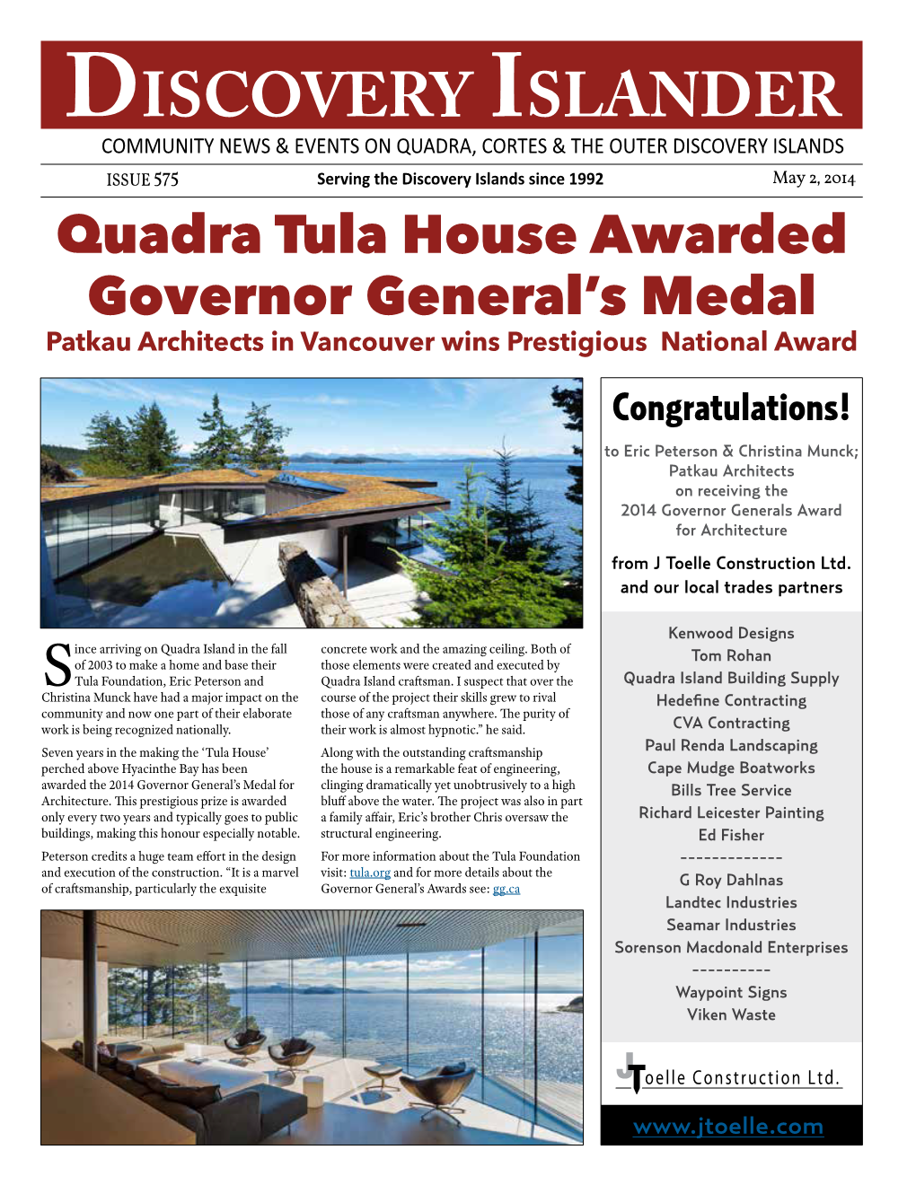 Quadra Tula House Awarded Governor General's Medal