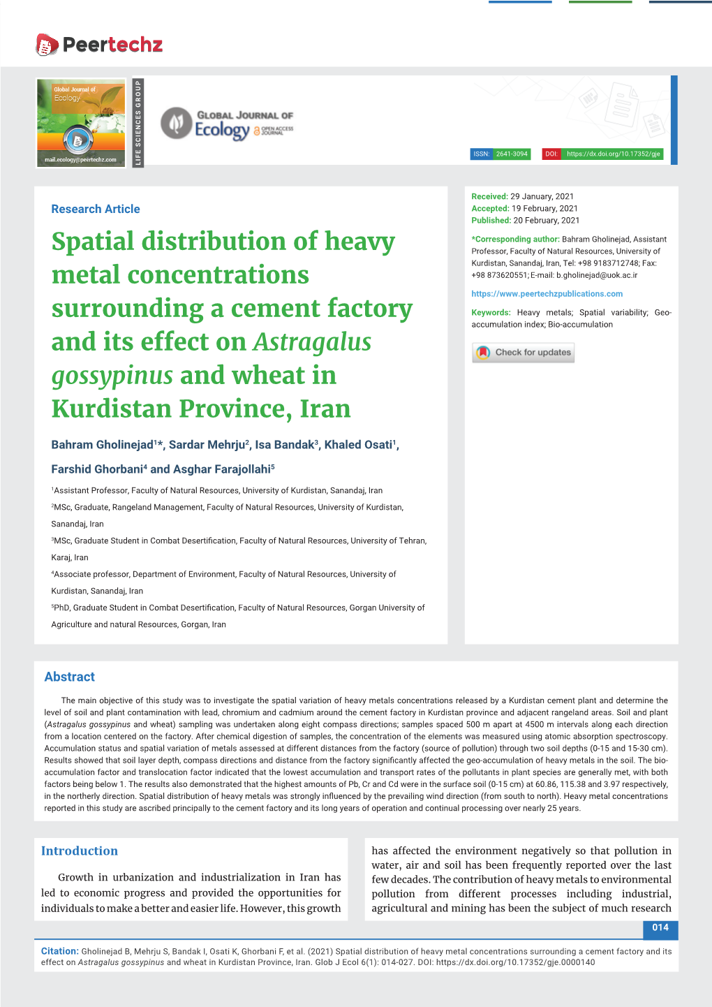 Spatial Distribution of Heavy Metal Concentrations Surrounding a Cement Factory and Its Effect on Astragalus Gossypinus and Wheat in Kurdistan Province, Iran