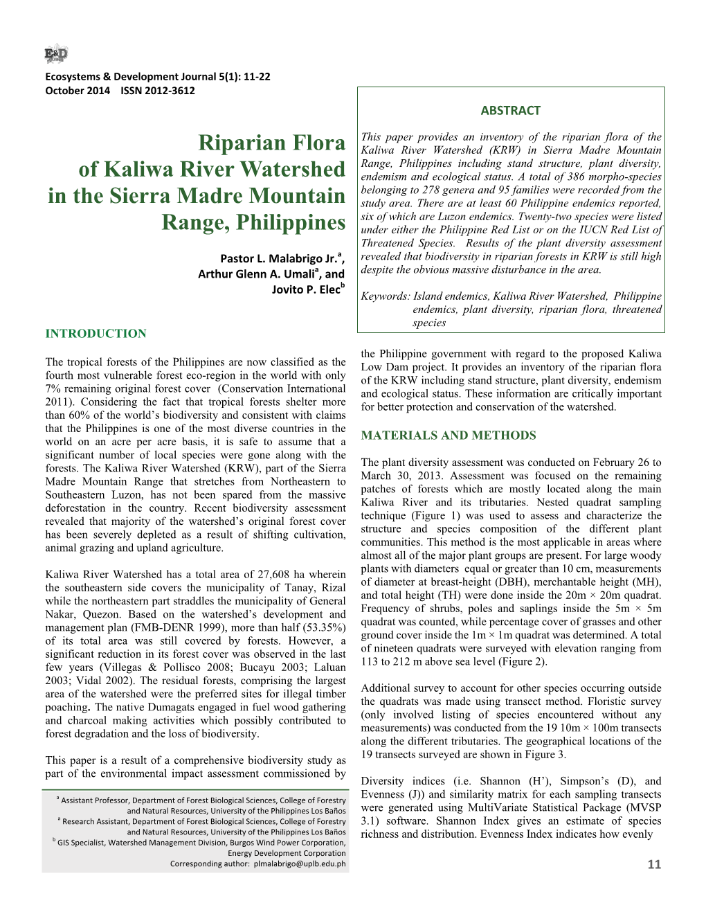 Riparian Flora of Kaliwa River Watershed in the Sierra Madre