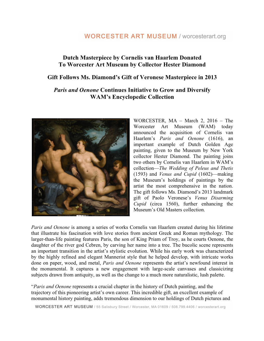 Dutch Masterpiece by Cornelis Van Haarlem Donated to Worcester Art Museum by Collector Hester Diamond