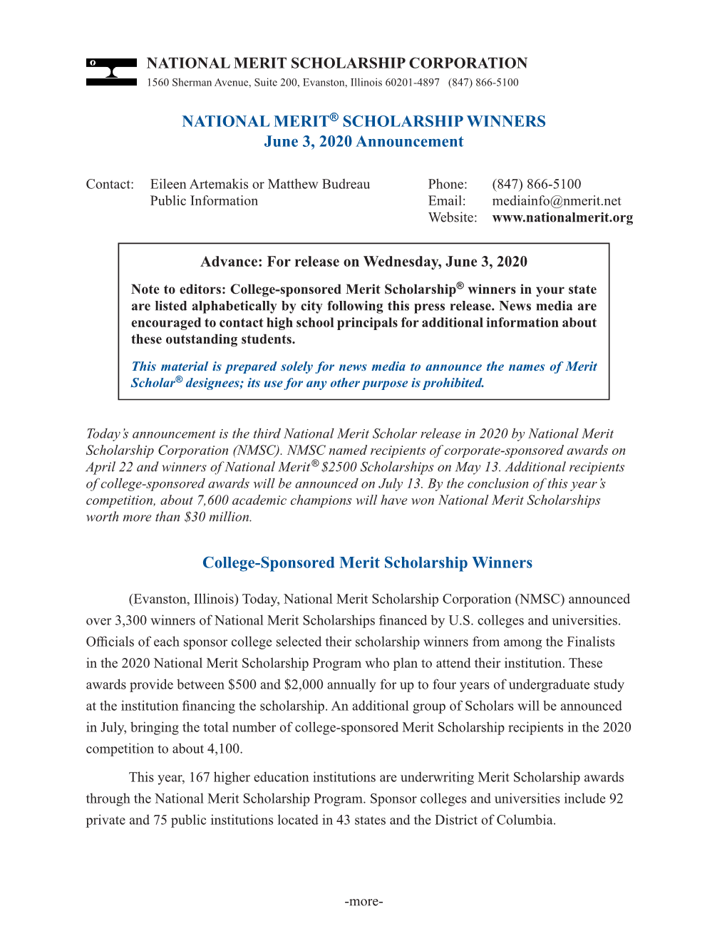 NATIONAL MERIT® SCHOLARSHIP WINNERS June 3, 2020 Announcement