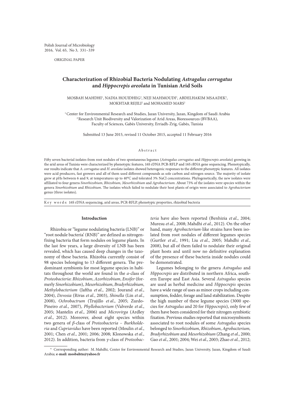 Characterization of Rhizobial Bacteria Nodulating Astragalus Corrugatus and Hippocrepis Areolata in Tunisian Arid Soils