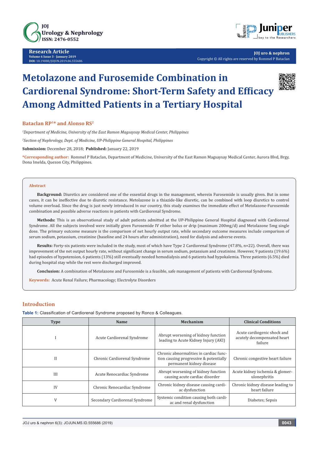 Metolazone and Furosemide Combination in Cardiorenal Syndrome: Short-Term Safety and Efficacy Among Admitted Patients in a Tertiary Hospital