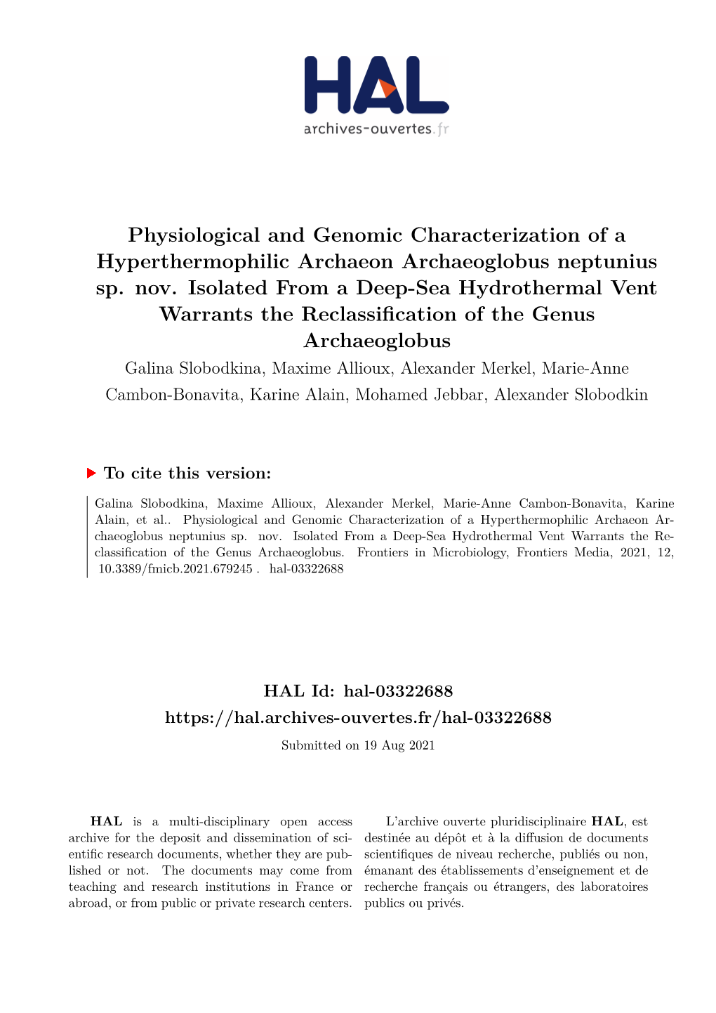 Physiological and Genomic Characterization of a Hyperthermophilic Archaeon Archaeoglobus Neptunius Sp