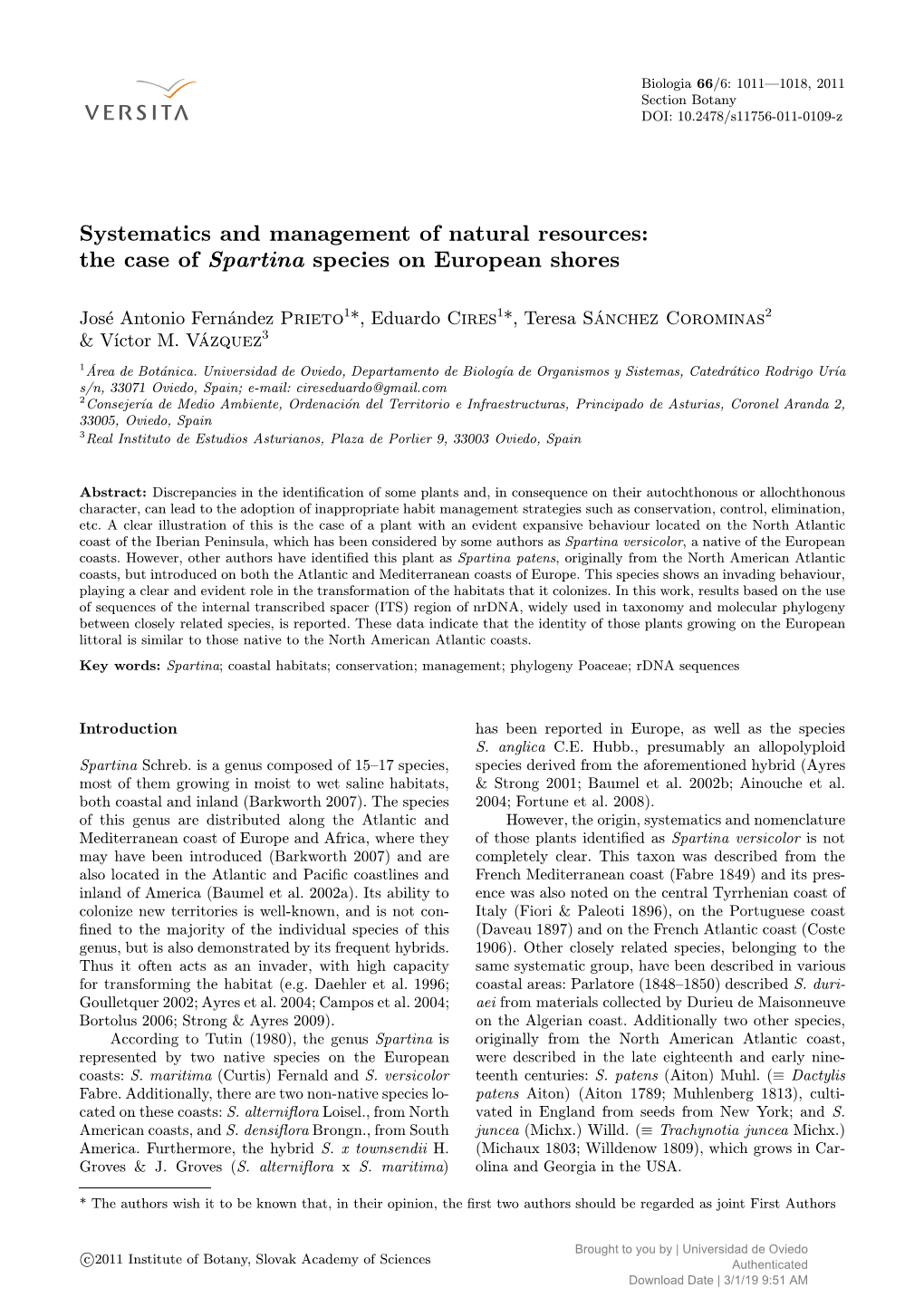 Systematics and Management of Natural Resources: the Case of Spartina Species on European Shores