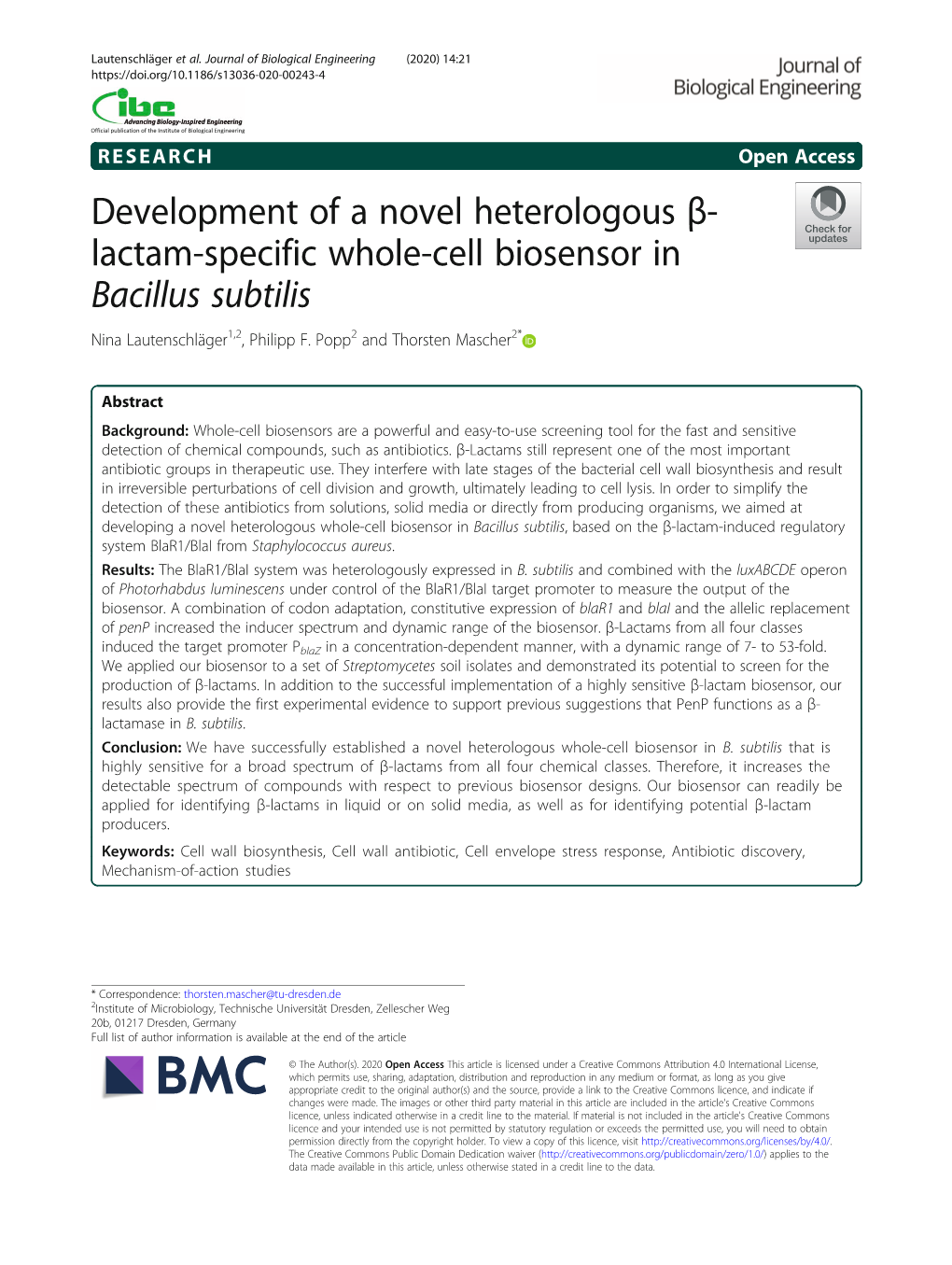 Lactam-Specific Whole-Cell Biosensor in Bacillus Subtilis Nina Lautenschläger1,2, Philipp F