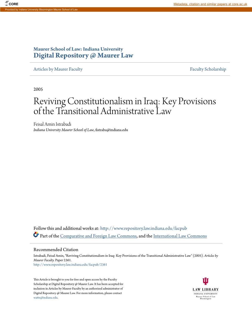 Reviving Constitutionalism in Iraq: Key Provisions of the Transitional