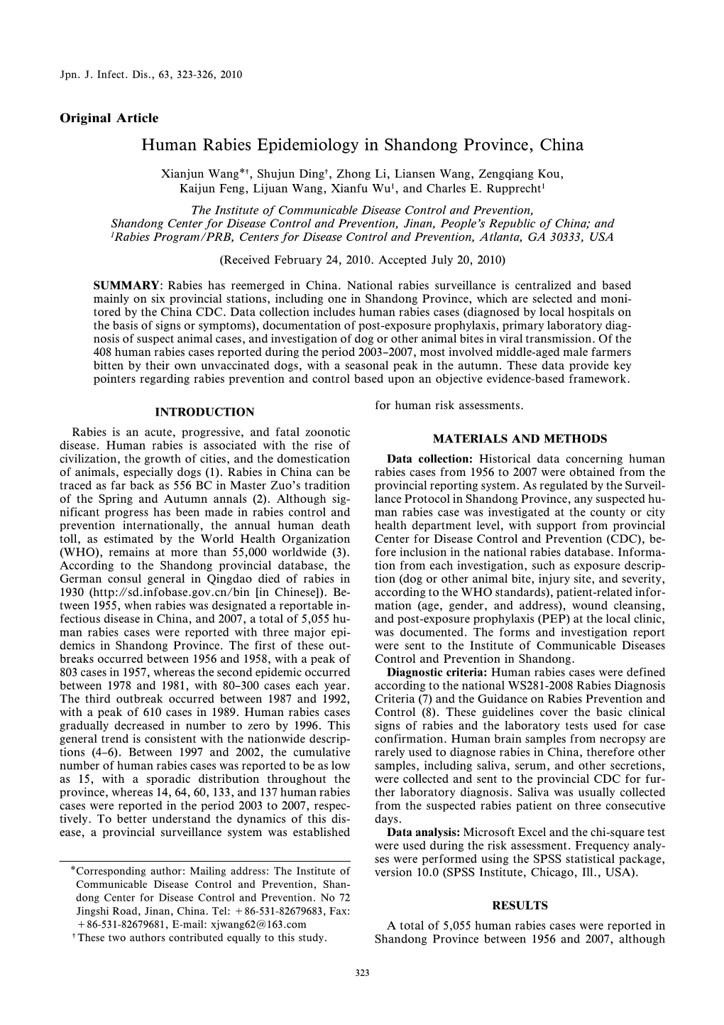 Human Rabies Epidemiology in Shandong Province, China