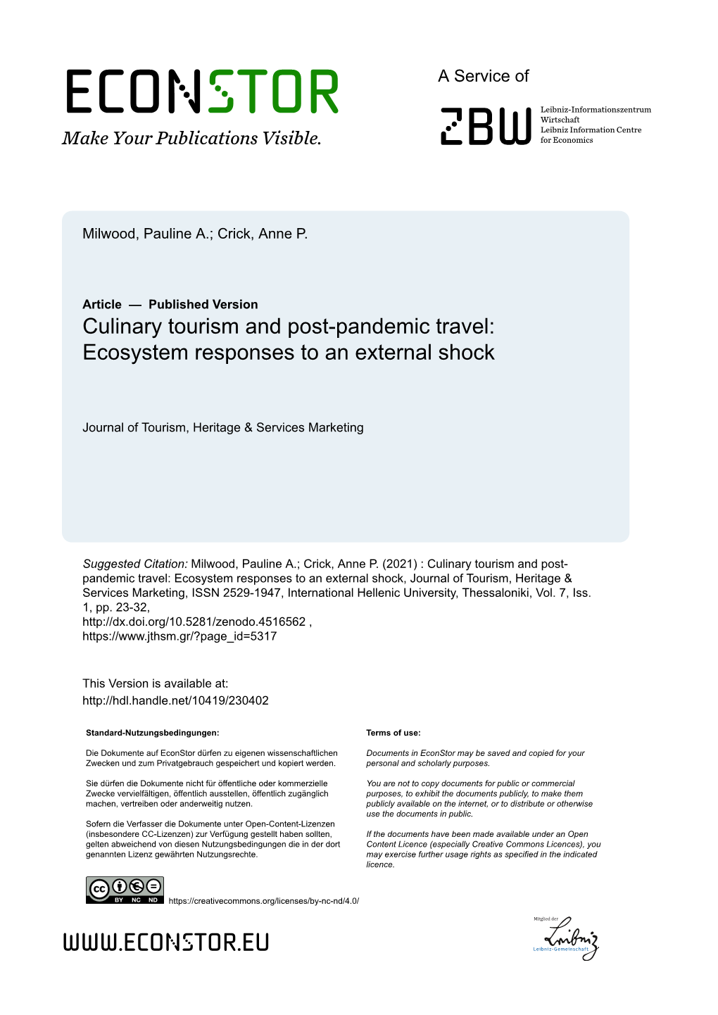 Culinary Tourism and Post-Pandemic Travel: Ecosystem Responses to an External Shock