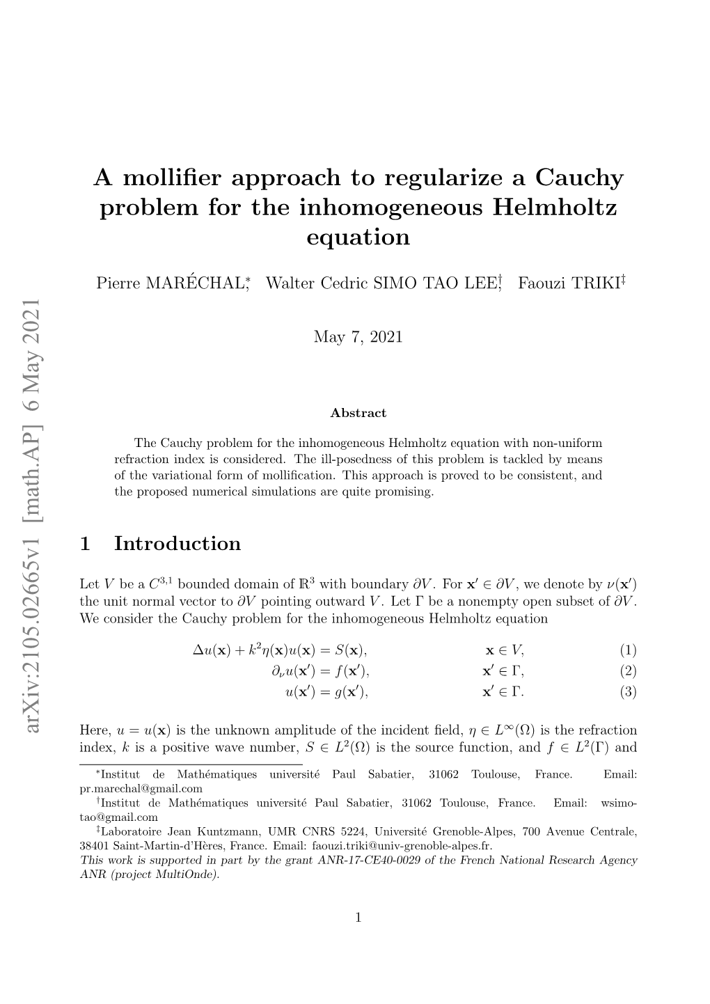 A Mollifier Approach to Regularize a Cauchy Problem for The