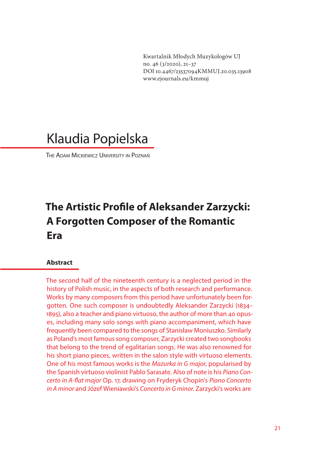 The Artistic Profile of Aleksander Zarzycki: a Forgotten Composer of the Romantic Era