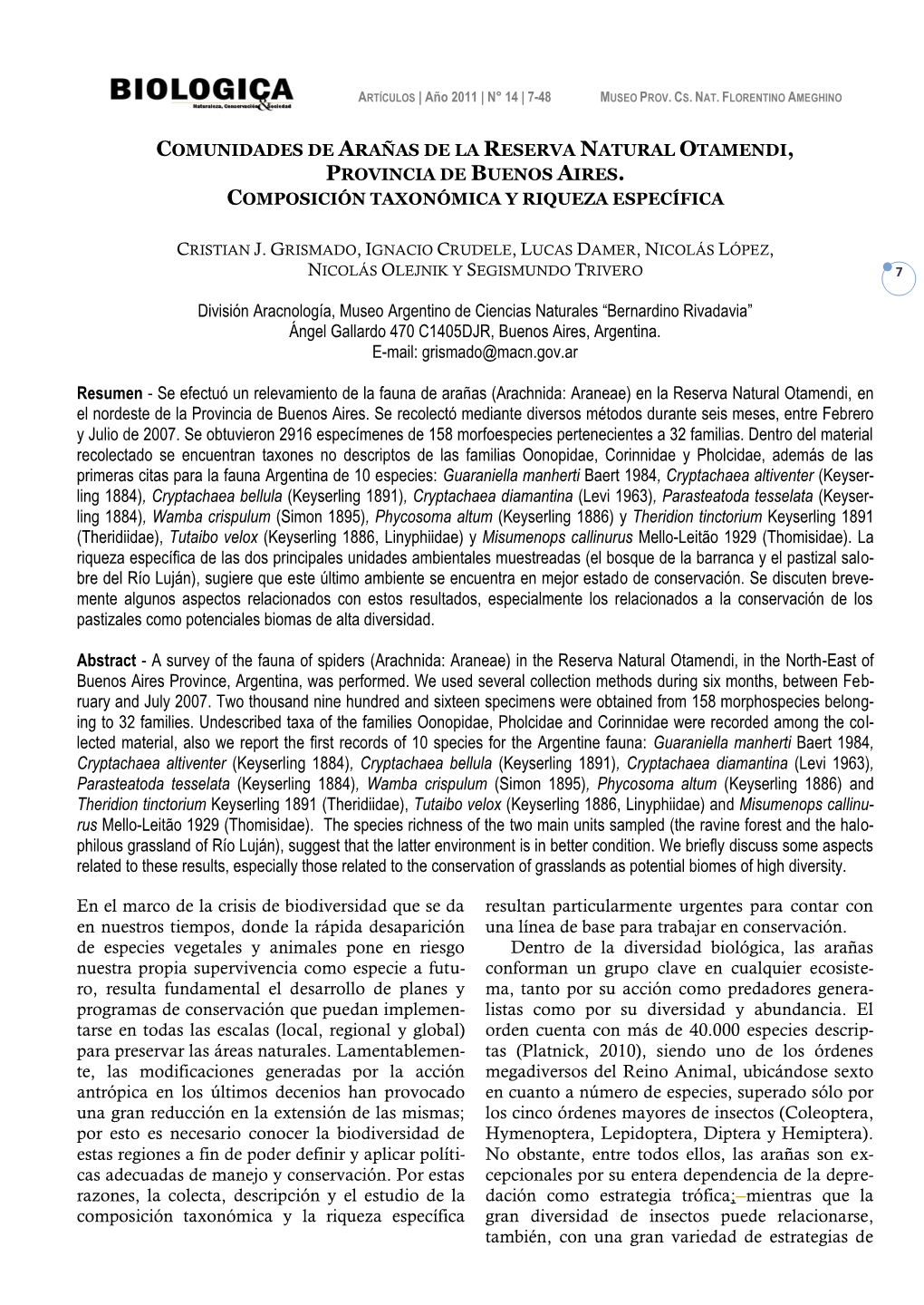 Comunidades De Arañas De La Reserva Natural Otamendi, Provincia De Buenos Aires