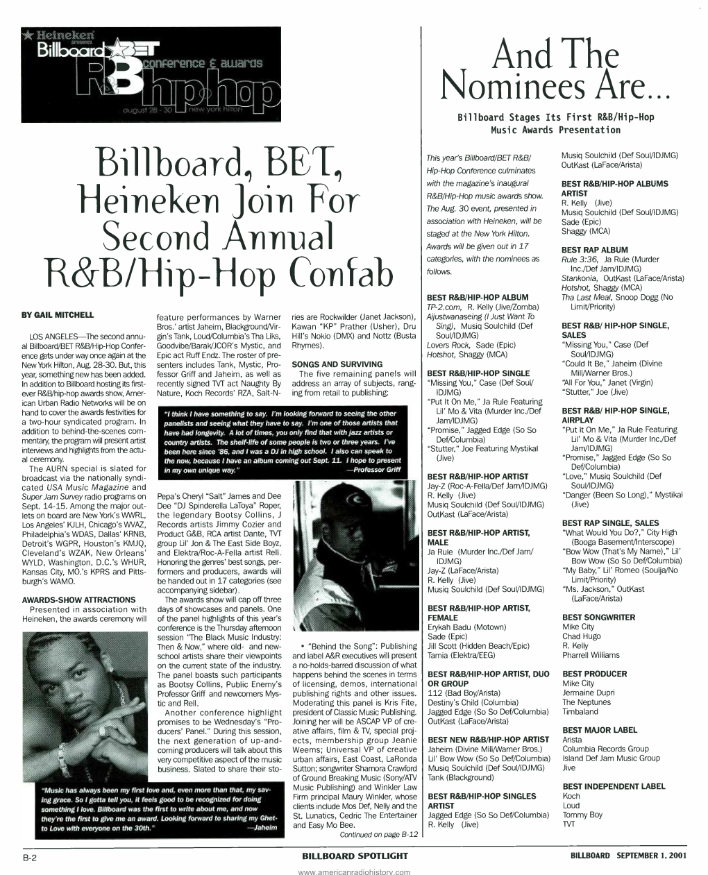 Billboard, BET, Hip -Hop Conference Culminates with the Magazine's Inaugural BEST R &B/HIP -HOP ALBUMS R&B /Hip-Hop Music Awards Show