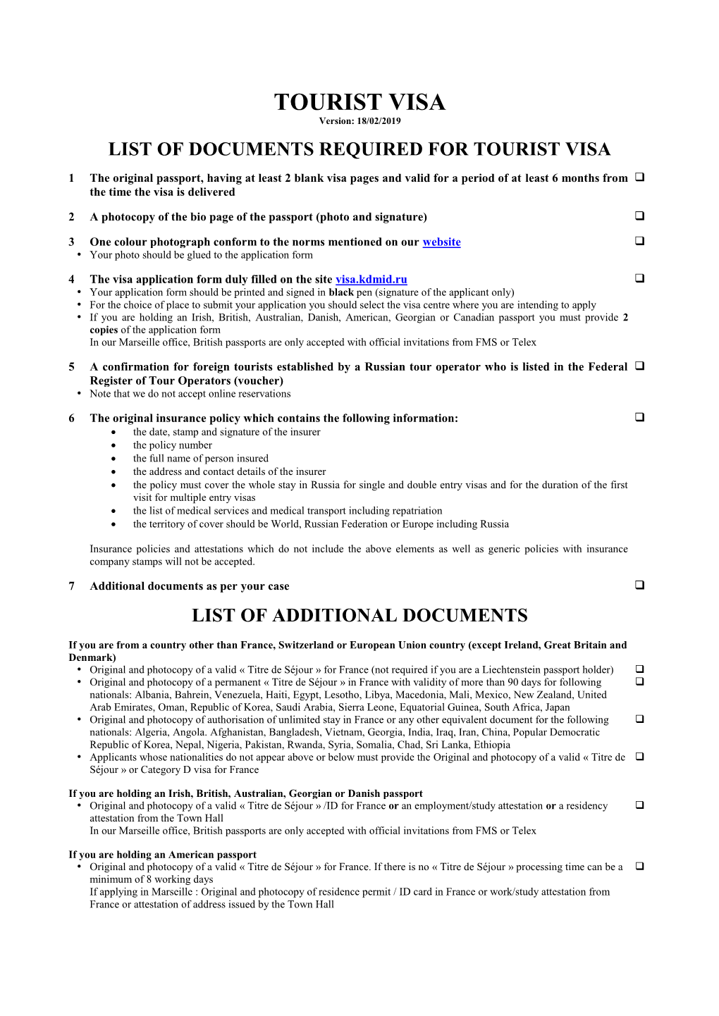 TOURIST VISA Version: 18/02/2019