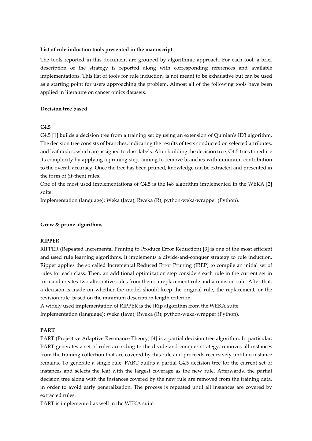 List of Rule Induction Tools Presented in the Manuscript the Tools Reported in This Document Are Grouped by Algorithmic Approach