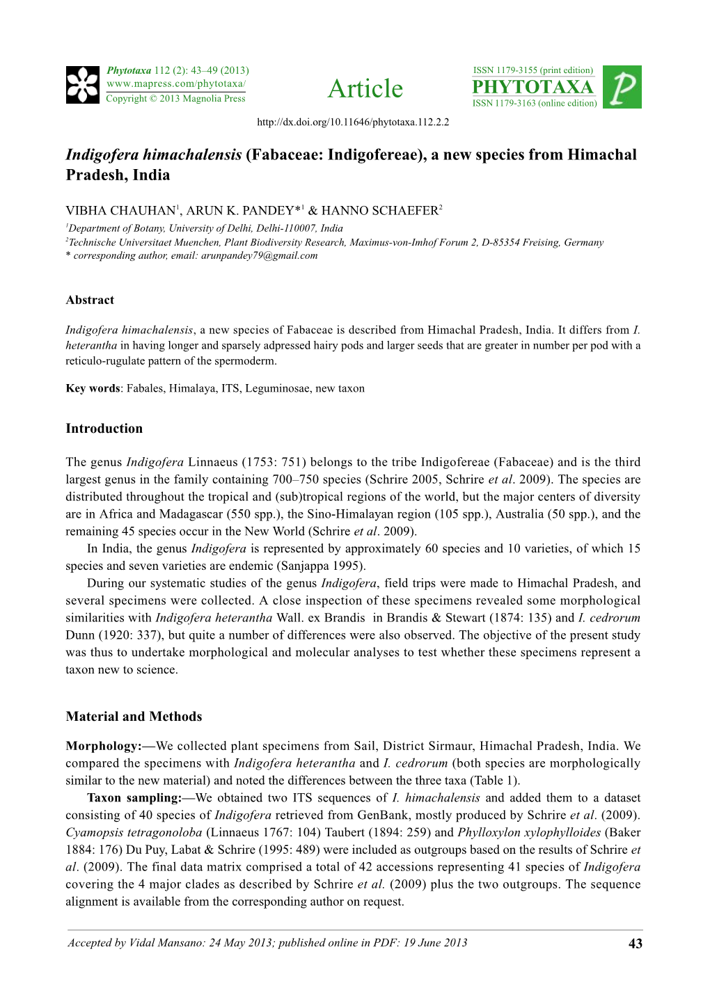 Indigofera Himachalensis (Fabaceae: Indigofereae), a New Species from Himachal Pradesh, India