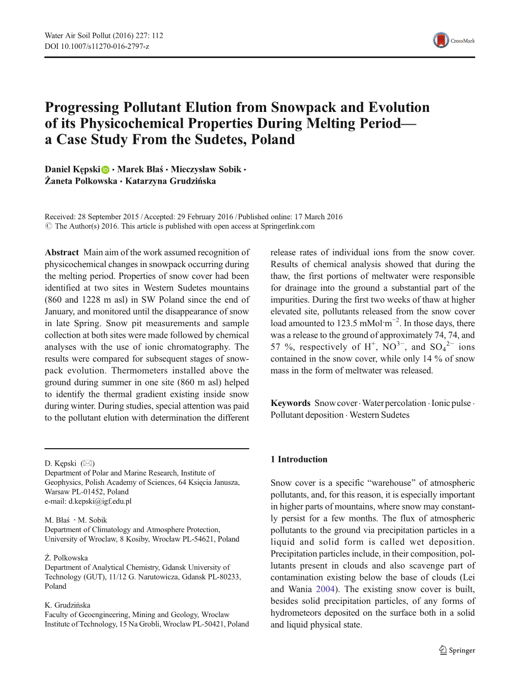 Progressing Pollutant Elution from Snowpack and Evolution of Its Physicochemical Properties During Melting Period— a Case Study from the Sudetes, Poland