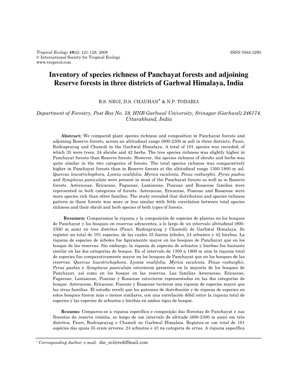 Inventory of Species Richness of Panchayat Forests and Adjoining Reserve Forests in Three Districts of Garhwal Himalaya, India