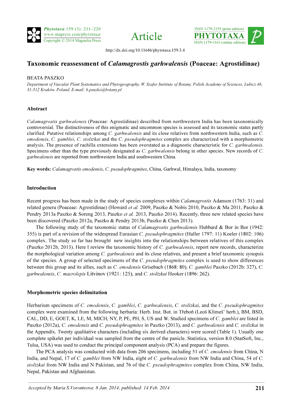 Taxonomic Reassessment of Calamagrostis Garhwalensis (Poaceae: Agrostidinae)