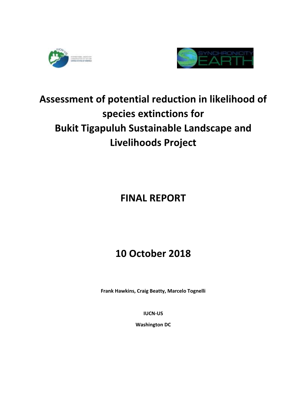 Assessment of Potential Reduction in Likelihood of Species Extinctions for Bukit Tigapuluh Sustainable Landscape and Livelihoods Project