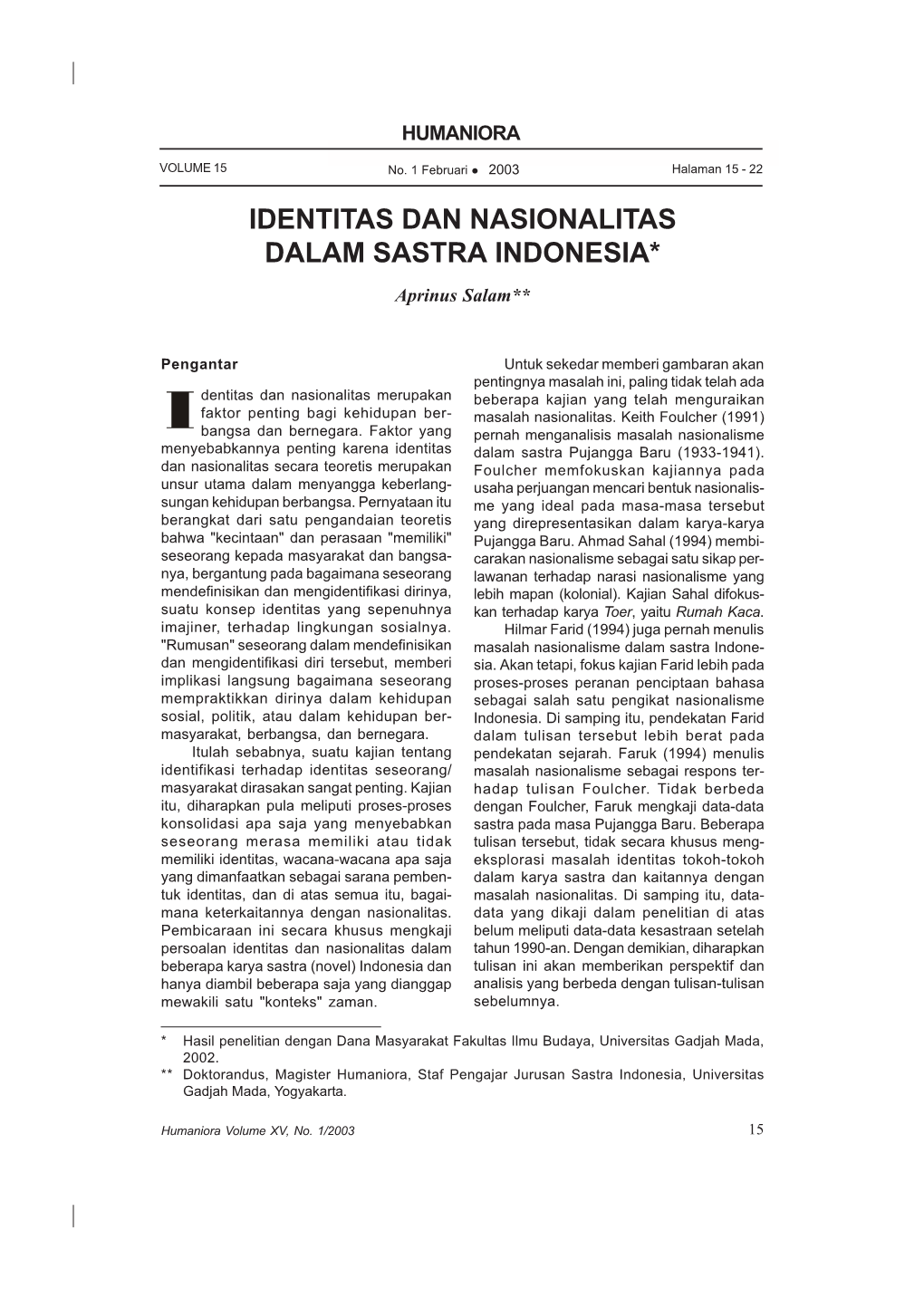 Identitas Dan Nasionalitas Dalam Sastra Indonesia VOLUME 15 No