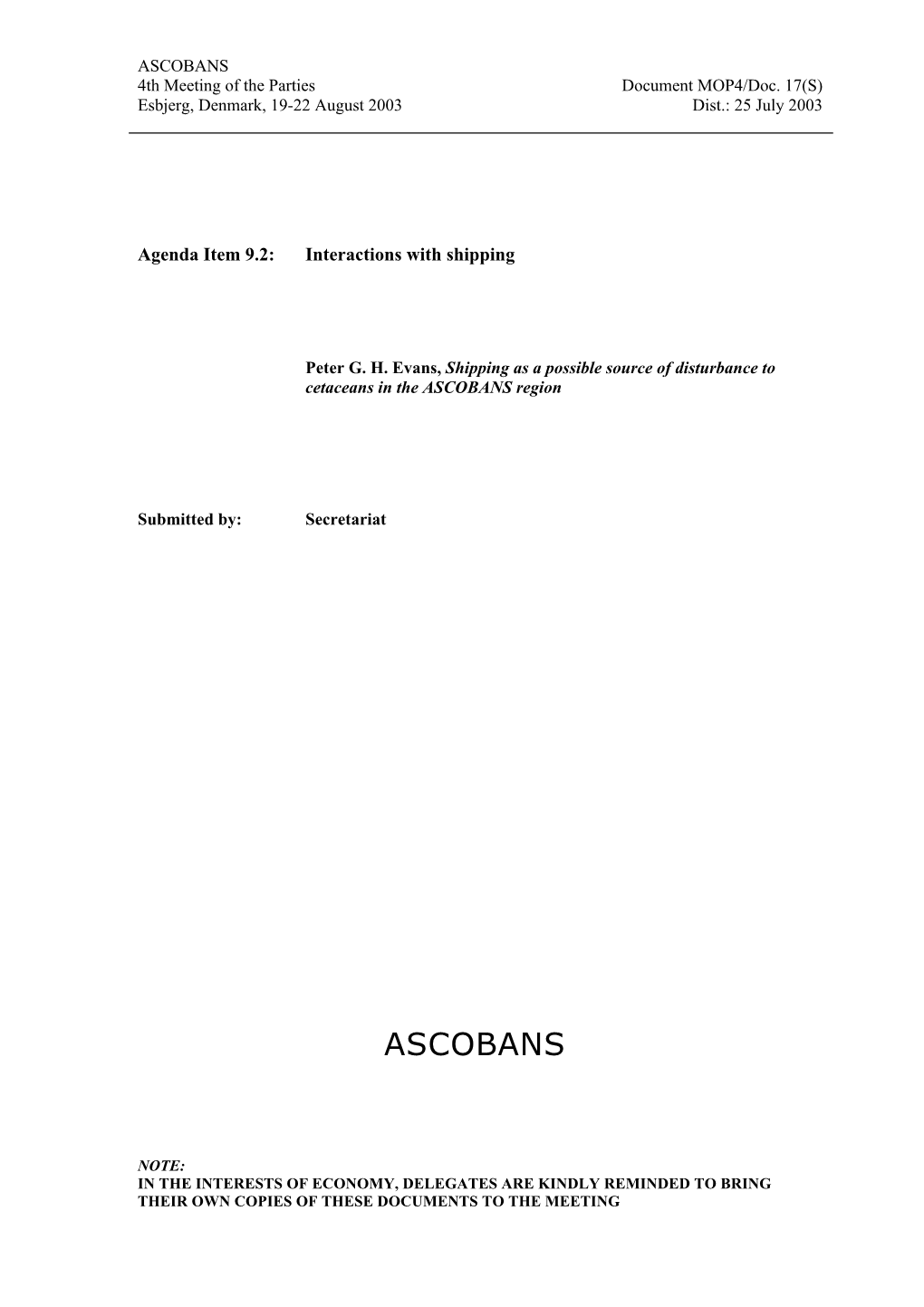 ASCOBANS 4Th Meeting of the Parties Document MOP4/Doc