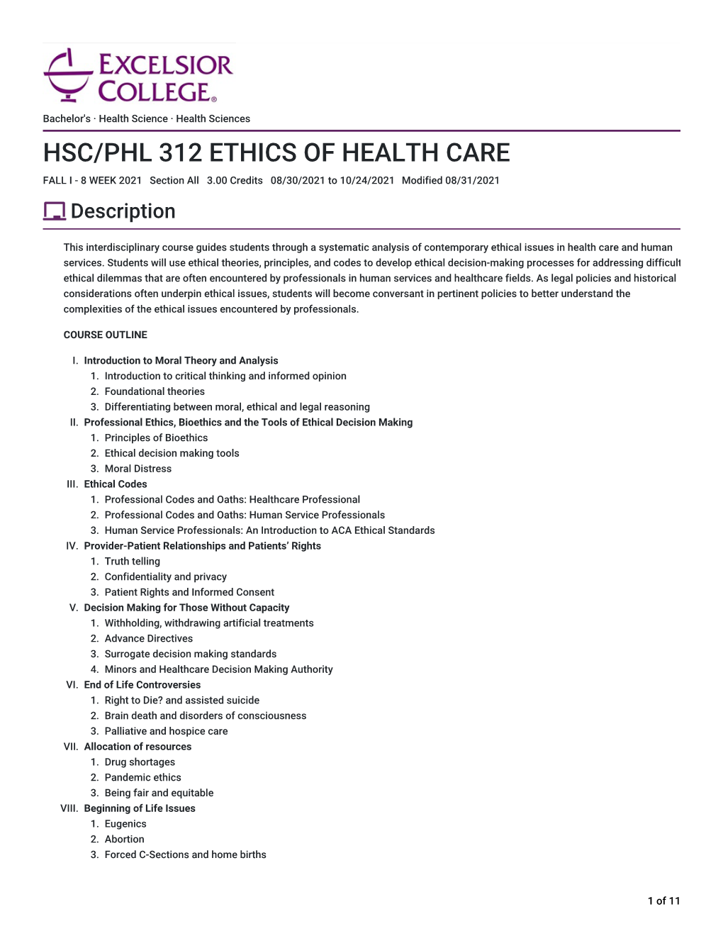 HSC/PHL 312 ETHICS of HEALTH CARE > Syllabus | Concourse