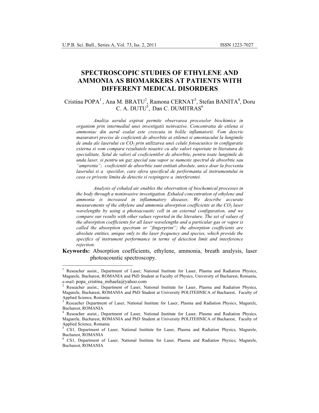 Spectroscopic Studies of Ethylene and Ammonia As Biomarkers at Patients with Different Medical Disorders