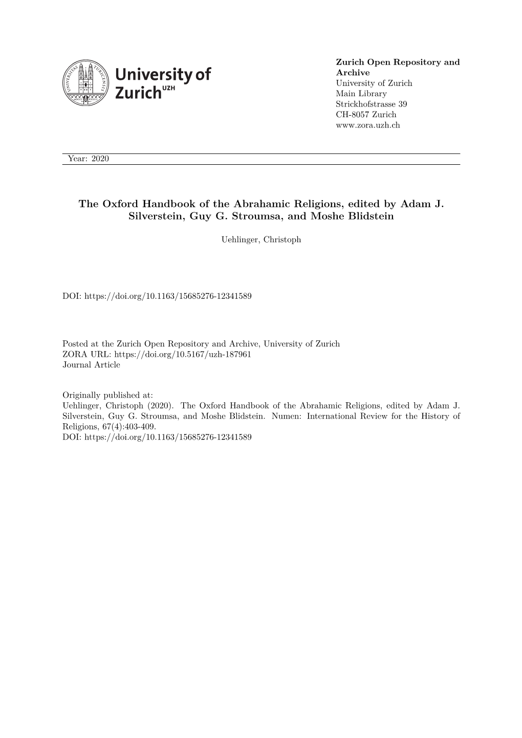 Review Completed 3 April 2019; Published in June 2020, Numen 67 (4, 2020) 403-409 [Doi.Org/10.1163/15685276-12341589]