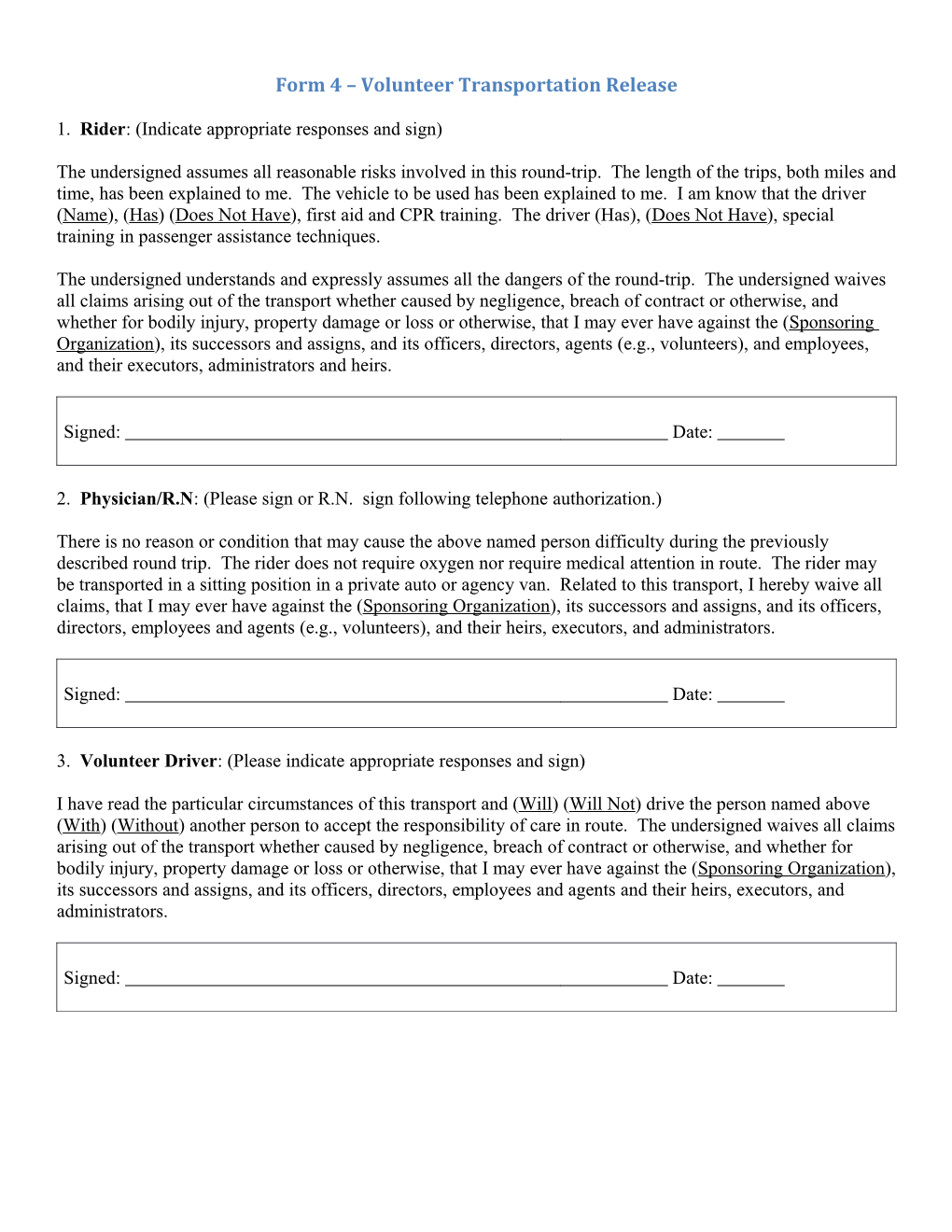 Form 4 Volunteer Transportation Release