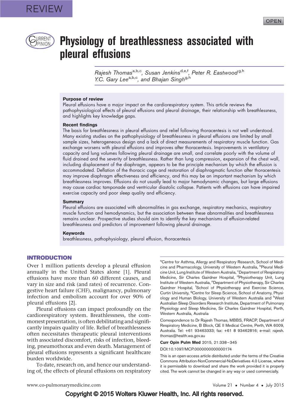 Physiology of Breathlessness Associated with Pleural Effusions