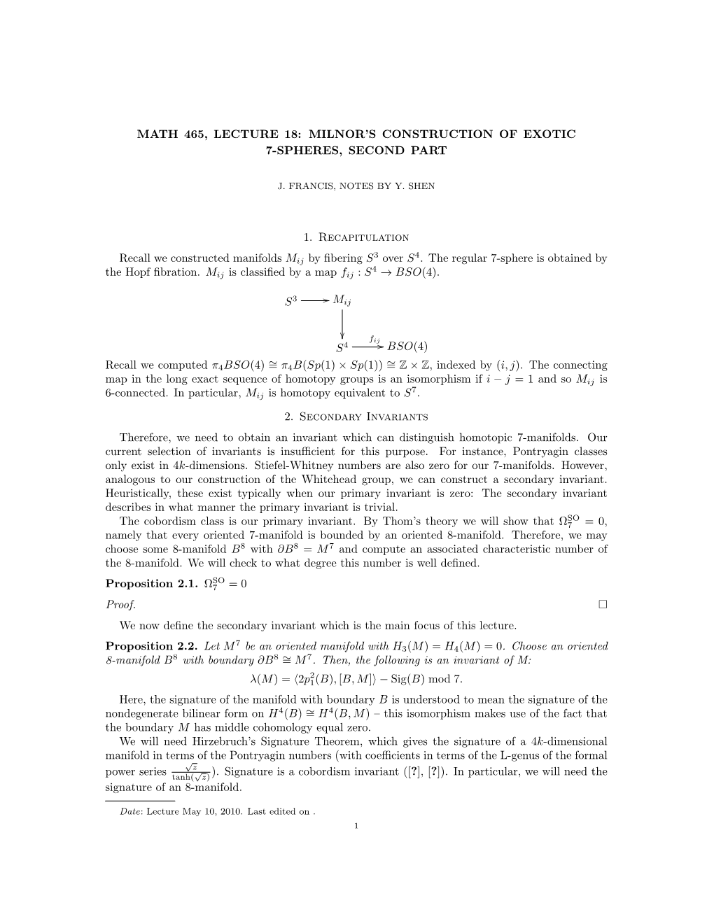 Lecture 18: Milnor's Construction of Exotic 7-Spheres, Second Part