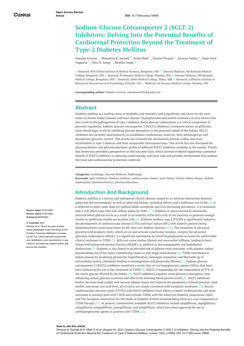 Sodium-Glucose Cotransporter 2 (SGLT-2) Inhibitors: Delving Into the Potential Benefits of Cardiorenal Protection Beyond the Treatment of Type-2 Diabetes Mellitus